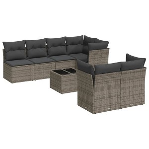 vidaXL 8 Piece Patio Sofa Set with Cushions Gray Poly Rattan - Table + 3x Middle + 4x Corner - 1 of 4