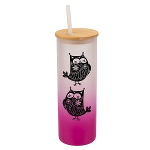 Elanze Designs Garden of Flowers Owl Pink Frosted Gradient Glass Tumbler with Bamboo Lid & Straw 25 ounce Reusable Iced Coffee or Water Cup, Whimsical - 1 of 4