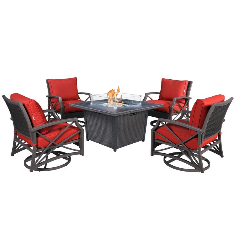 Kinger Home Ethan 5-Piece Rattan Wicker Propane Fire Pit Set with an Aluminum Frame, 1 of 12