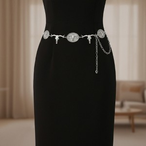 Anna-Kaci Women's Western Bull Head Concho Chain Belt with Oval Accents and Adjustable Fit 45.5in - 1 of 4