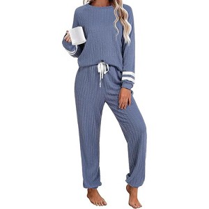Ekouaer Lounge Sets for Women Ribbed Knit Outfits Pajamas Sets 2 Piece Long Sleeve Sweatsuits with Pockets - 1 of 4