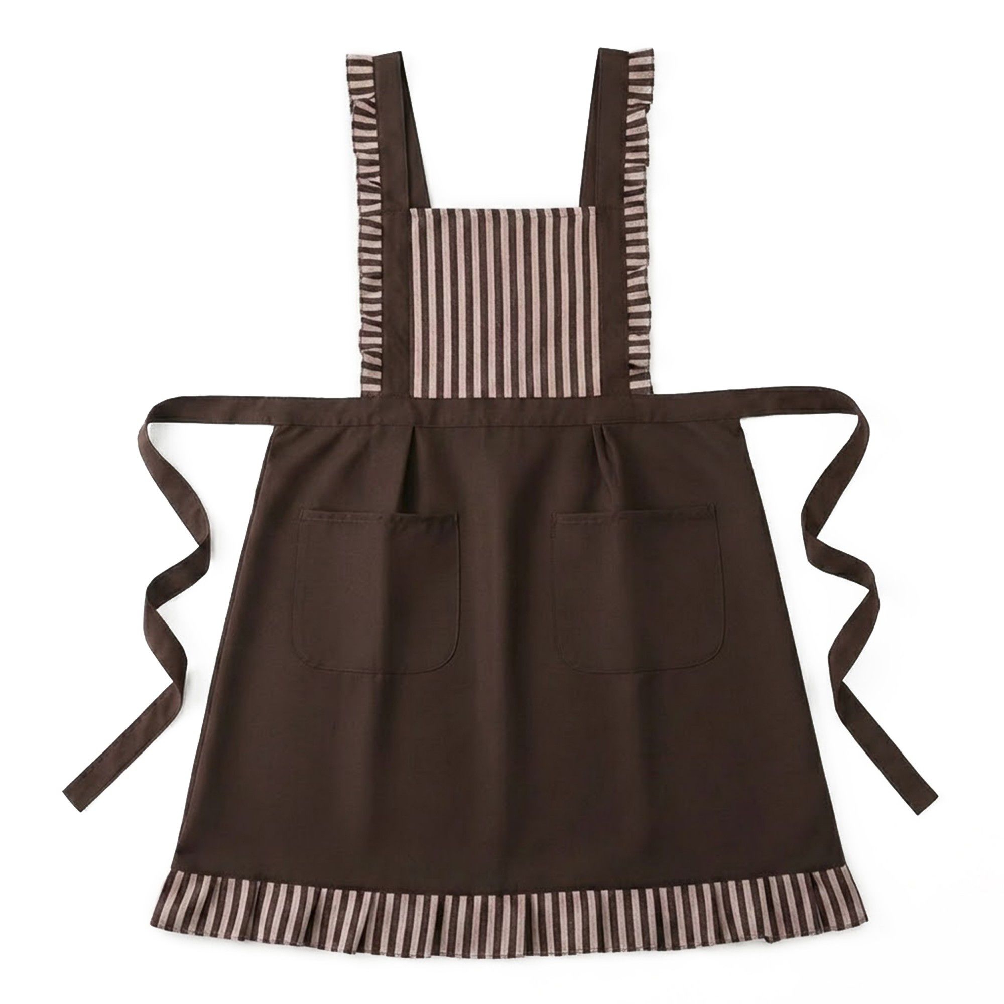 Alilang Striped Full Bib Apron with Ruffle Straps Dual Pockets and Waist Ties - Brown