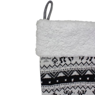 21" Black Gray and White Knit Christmas Stocking with Sherpa Cuff