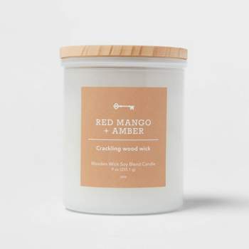 Milky White Glass Red Mango and Amber Lidded Wooden Wick Jar Candle 9oz - Threshold™