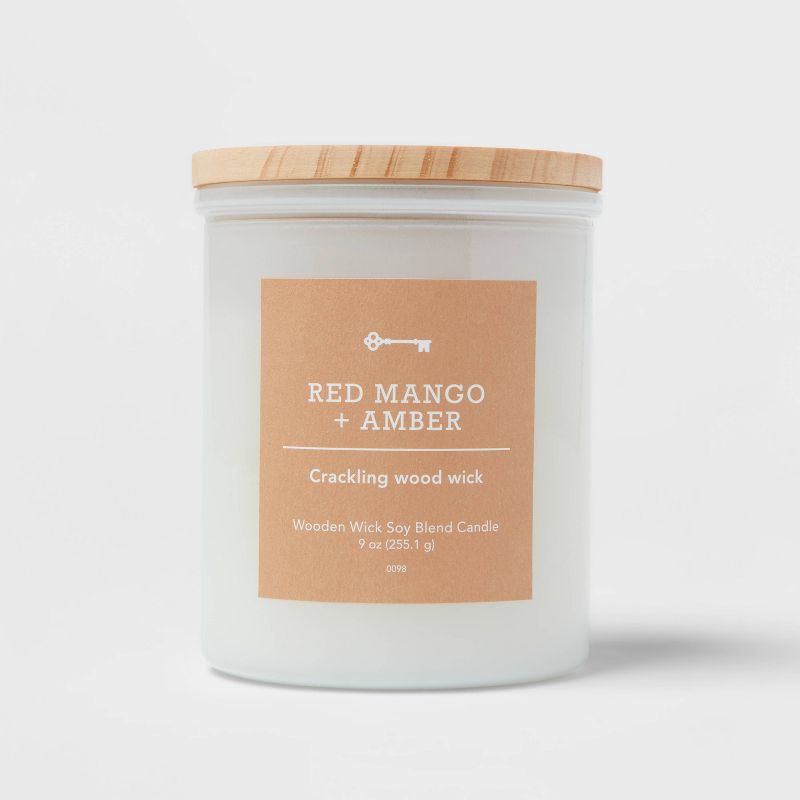 Milky White Glass Red Mango and Amber Lidded Wooden Wick Jar Candle 9oz - Threshold&#8482;, 1 of 4
