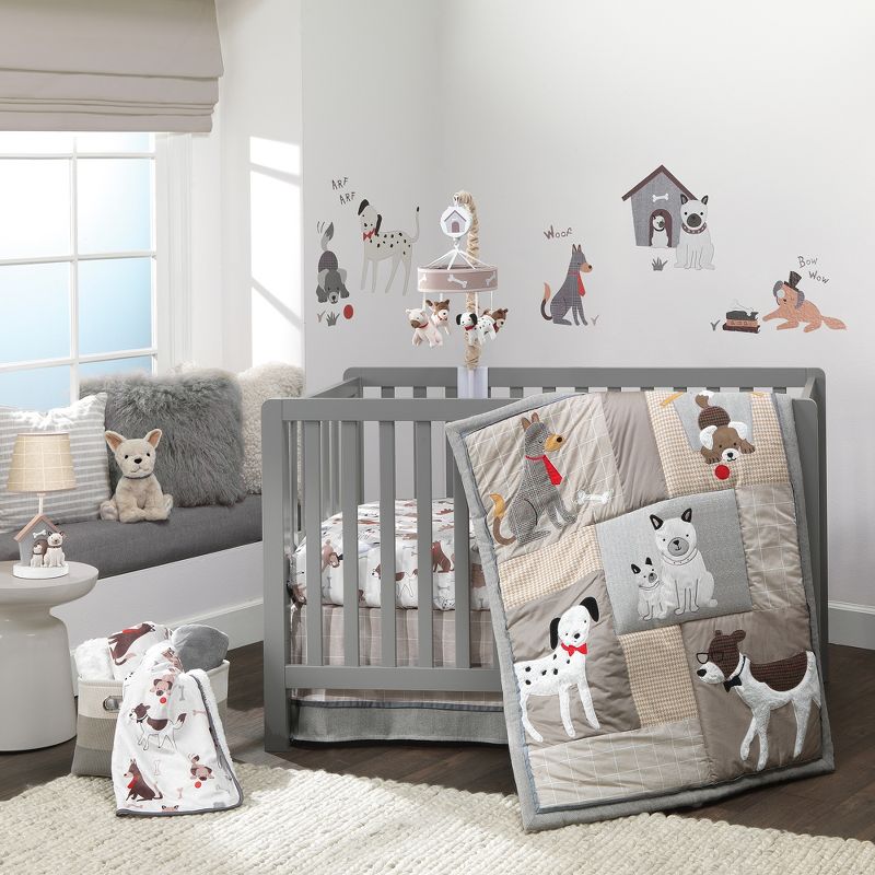 Lambs & Ivy Bow Wow Gray/Tan Dog/Puppy Nursery 4-Piece Baby Crib Bedding Set, 1 of 11