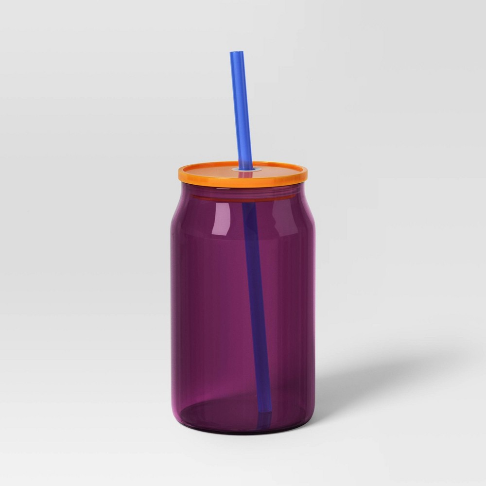 Photos - Glass 17oz  Colorblock Straw Tumbler Berry Pink - Room Essentials™