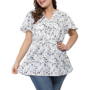 Agnes Orinda Women's Plus Size Chiffon Smocked Waist Peplum V Neck Short Sleeve Casual Floral Blouses - 1 of 4