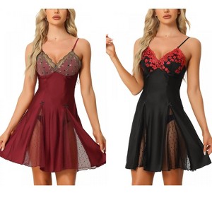 INSPIRE CHIC Women's 2 Pcs Lingerie Babydoll Satin Mini Chemise with Mesh Inset Sweet Nightgown - 1 of 4
