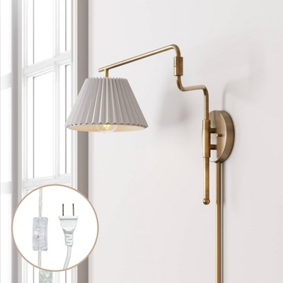 Kai Vintaged Brass Swing Arm Wall Sconce with White Linen Shade