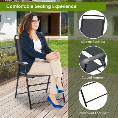 Gray Steel Folding Patio Chairs with Armrests, Set of 4