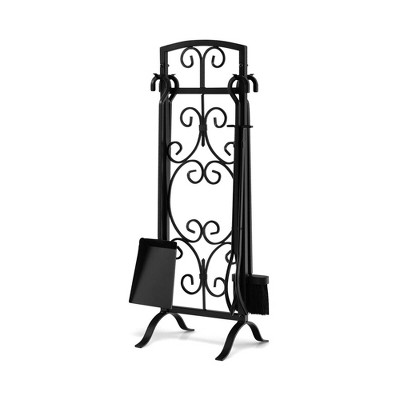 Tangkula 5 Piece Fireplace Tools Wrought Iron Firewood Toolset with Decoration Holder Black