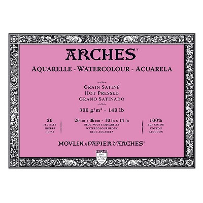 Arches Watercolor Blocks 140 lb Hot Press Block 10" x 14" (20 Sheets)