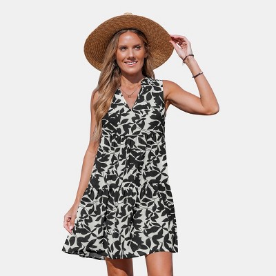 Women's Chic Leaf Print Sleeveless Swing Dress - Cupshe