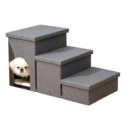 Ashfield & Harkness 3-Step Gray Fabric Pet Stairs with Storage