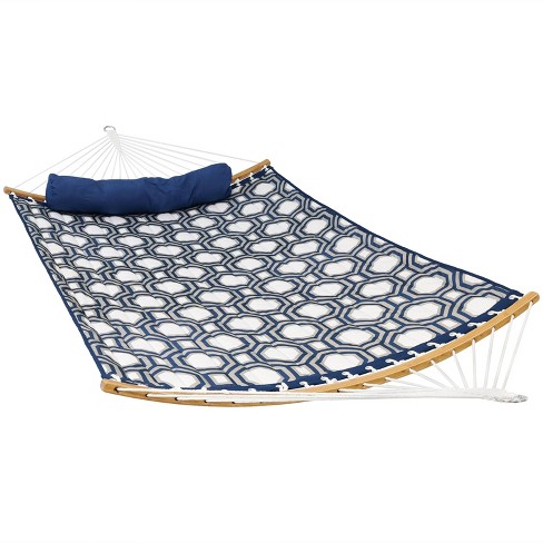 Sunnydaze Heavy-Duty Quilted 2-Person Hammock with Curved Bamboo Spreader  Bars - 450 lb Weight Capacity - Navy and Gray Tiled Octagon