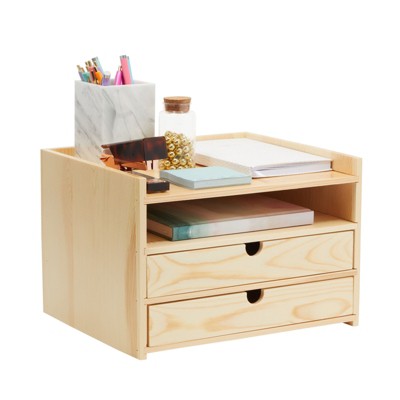Okuna Outpost Wooden Desktop Organizer with Drawers, 3 Tier Office Storage (12.7 x 10.7 x 8.7 In)