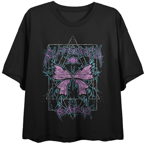 Distressed Metal Butterfly Crew Neck Short Sleeve Women's Black