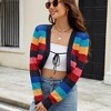 Women's V-Neck Hollow Knit Colorful Striped Cardigan with Tie Waist, Short Length - 4 of 4