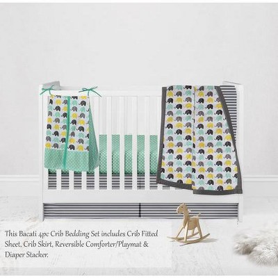Bacati - Elephants Mint/Yellow/Gray 4 pc Crib Bedding Set with Diaper Caddy