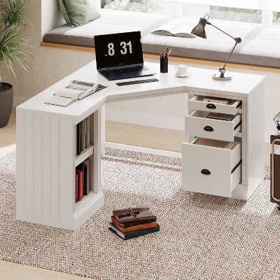 NicBex L-Shaped Corner Executive Desk with 3 Drawers&2 Open Shelves,Home Office Workstation for Study,Company&Living Room,Office Desk Furniture,White