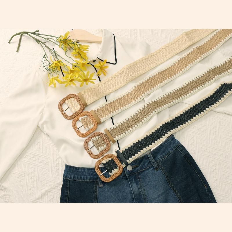 Elerevyo Women's Straw Belts Stretch Boho Waist Belt with Wooden Style Buckle, 5 of 6