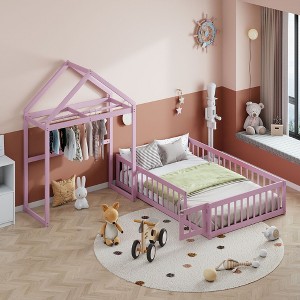 NicBex Twin/Full Size Kids Montessori Bed with Detachable House Shape Headboard,Floor Bed with Kids Dress Up Rack and Fence,Toddler bed for Bedroom - 1 of 4