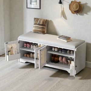 Mshliw Rustic Storage Bench with Removable Cushion, Wooden Entryway Shoe Bench with Woven Rattan Doors & Adjustable Shelves for Hallway - 1 of 4