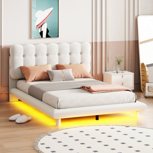 Full Size Velvet Upholstered Platform Bed with LED Frame and Button-tufted  Design Headboard, Beige-ModernLuxe