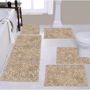 Bell Flower Collection Tufted Bath Rugs, Extra Soft and Absorbent, Non-Slip Bath Mats, Machine Washable Bathroom Mats, 5 Pcs Set with Runner, Linen - 1 of 4
