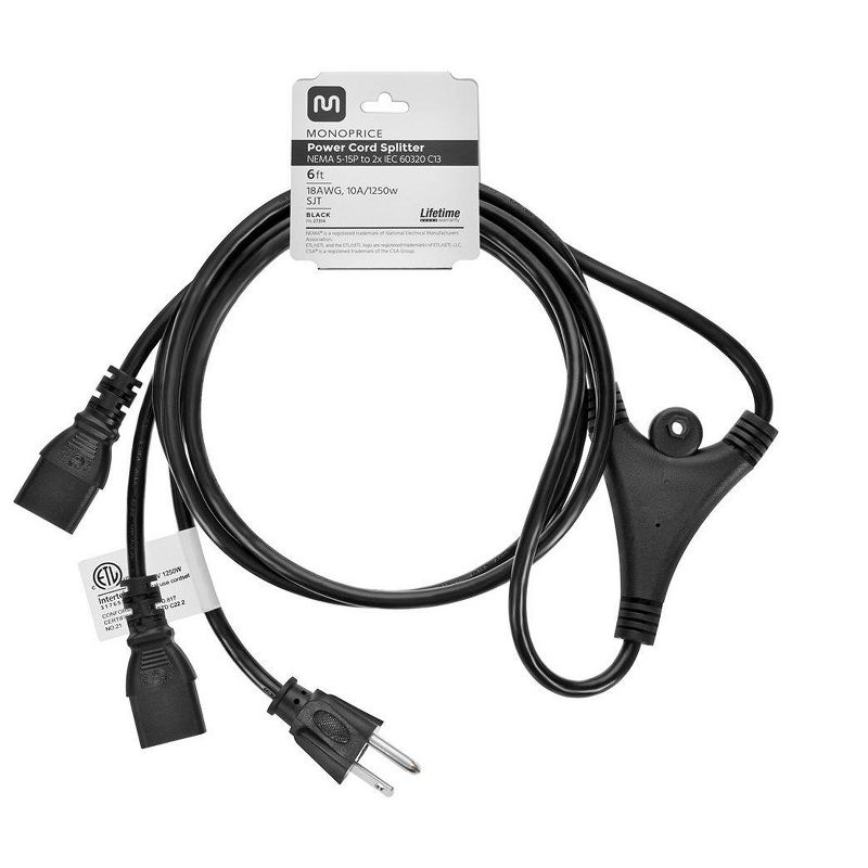 Monoprice Power Cord Splitter - 6 Feet - Black | NEMA 5-15P to 2x IEC 60320 C13, 18AWG, 10A/1250W, SJT, 3 of 7