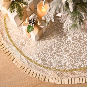 Luxury Gold and White Christmas Tree Skirt, 48-Inch Elegant Velvet & Brocade Holiday Tree Base Cover with Pleated Trim| OrnamentallyYou - 1 of 4