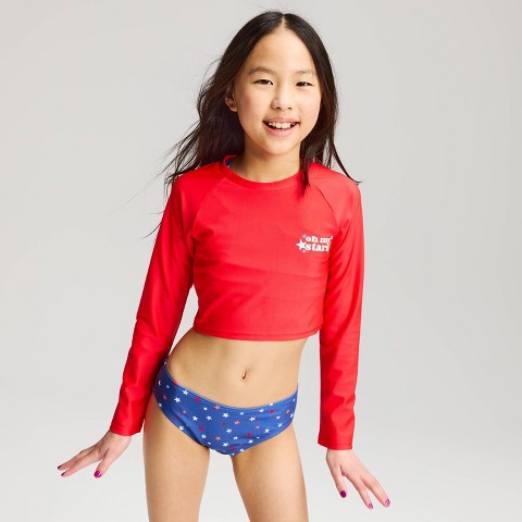 Cat & Jack Girls' Americana Long Sleeve Rash Guard Bikini Set - Cat & Jack™ Red/Blue M
