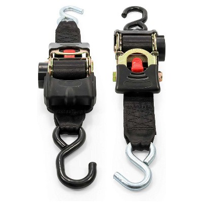 Camco Retractable Secure Hauling and Transporting Sturdy Ratchet Tie Down Straps with Dual Hooks, 2-Inch