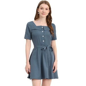 Allegra K Women's Square Neck Tie Waist A-Line Button Down Shirt Dress - 1 of 4