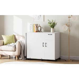 Folding Sewing Table, Rolling Sewing Cabinet with Lockable Casters, Shelves, Storage Trays, Magnetic Doors, Metal Doorknobs, White - 1 of 4