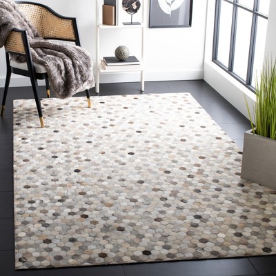 Ivory and Gray Hand-Knotted Geometric Cowhide Area Rug