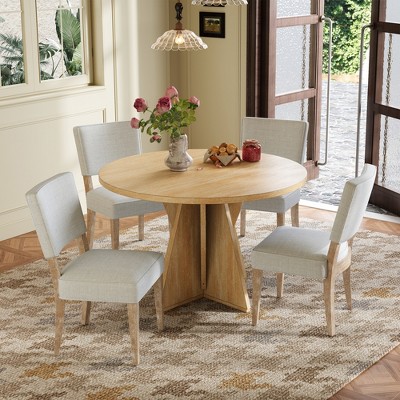 Whisen Retro 5-Piece Round Dining Set: Wood Table & 4 Upholstered Chairs, Compact Design with Stylish Base, Ideal for Small Spaces & Cozy Kitchens