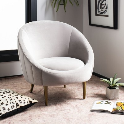 Transitional Pale Taupe Velvet Barrel Arm Chair with Wood Accents