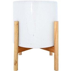 Storied Home Round Stoneware Planter on Wood Holder, White and Natural - 1 of 4