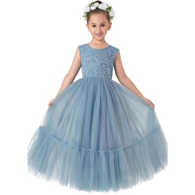 2Bunnies Girls' Paisley Lace Tulle Sleeveless Ruffled Maxi Dress