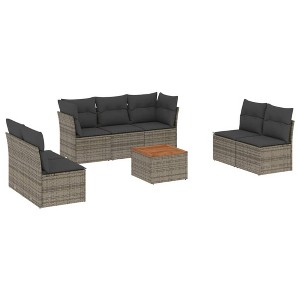 vidaXL 8 Piece Patio Sofa Set with Cushions Gray Poly Rattan - 5x Middle + Table + 2x Corner - 1 of 4