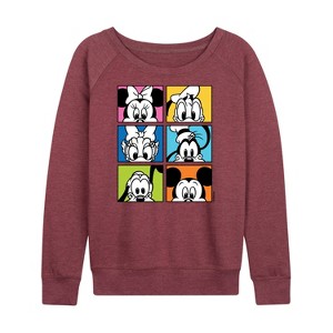 Women's - Disney - Mickey Minnie Goofy Pluto Donald and Daisy Lightweight French Terry Wide Neck Long Sleeve Shirt - 1 of 4