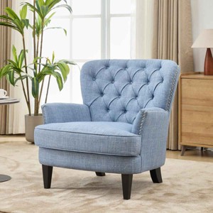 Vintage Lounge Chair with Nailhead Trim, Chair with Curved Backrest for Living Room, Wood Frame Chair with Polyester Cushion-Coolbibila - 1 of 4