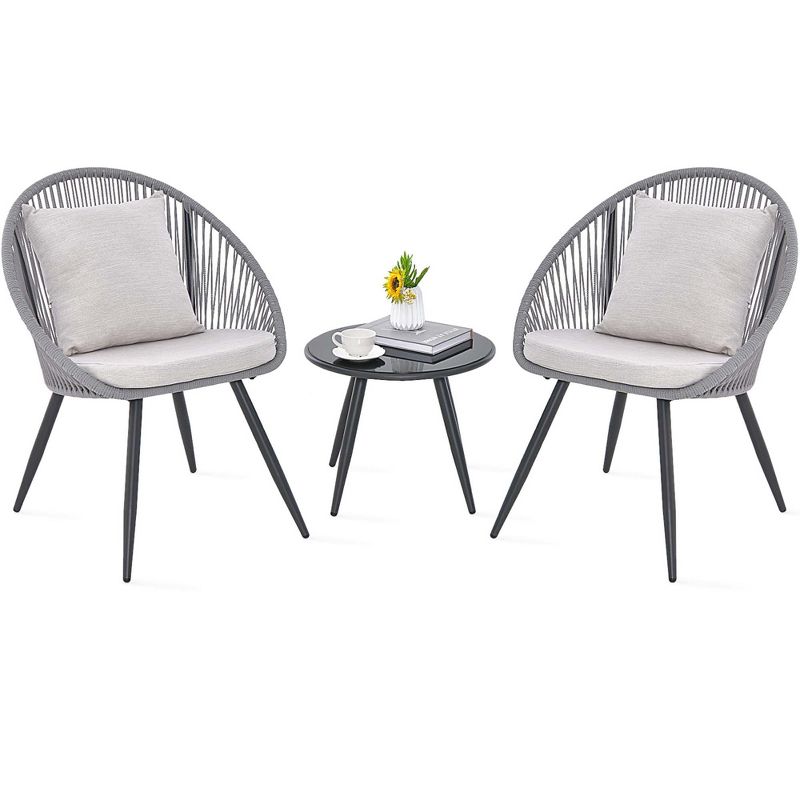Costway 3 Piece Patio Furniture Set with Seat & Back Cushions, Tempered Glass Tabletop, 2 of 11