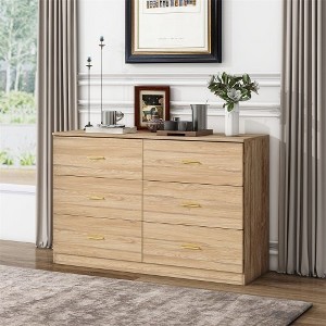 6 Drawer Double Dresser, Wide Chest Of Drawers With Golden Handles, Modern Wooden Storage Organizer For Bedroom Hallway Closet Living Room Nursery - 1 of 4