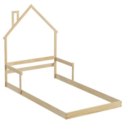 Costway Twin Size Floor Bed for Kids with Chimney Headboard & Handrail Gray/White/Natural