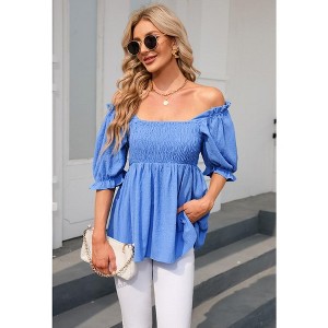 YesFashion Women's Summer Short Sleeve Smocked Peplum Blouses Square Neck Ruffle Hem Babydoll Tunic Crop Tops - 1 of 4