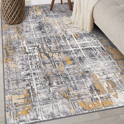 Yellow and Gray Abstract 5' x 7' Stain-Resistant Synthetic Area Rug