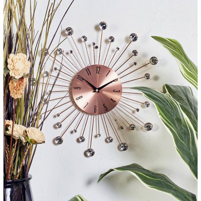 Copper Sunburst Wall Clock with Crystal Accents, 15"